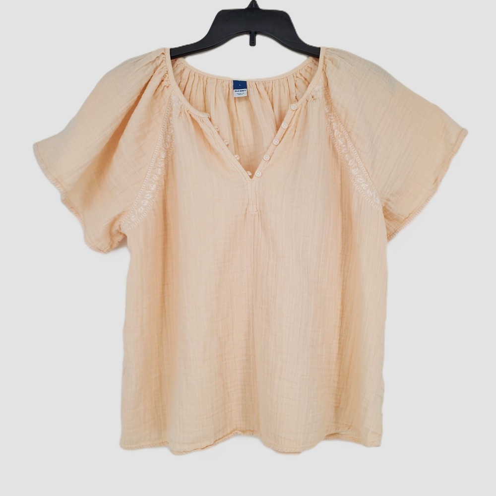 Old Navy Womens Large Peach 100% Cotton Crinkle Gauze Flutter Sleeve Boho Blouse